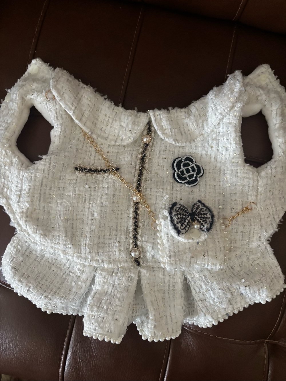 Elegant White Tweed Decorative Pet Vest with Pearl Accents